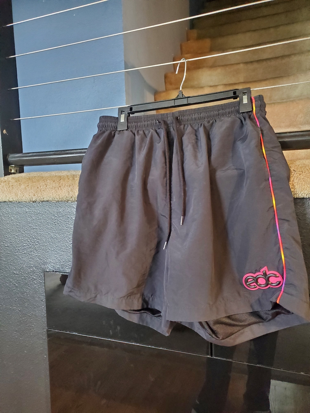 Men's Black Athletic Shorts with Pink Logo and Pink/Yellow Side Piping